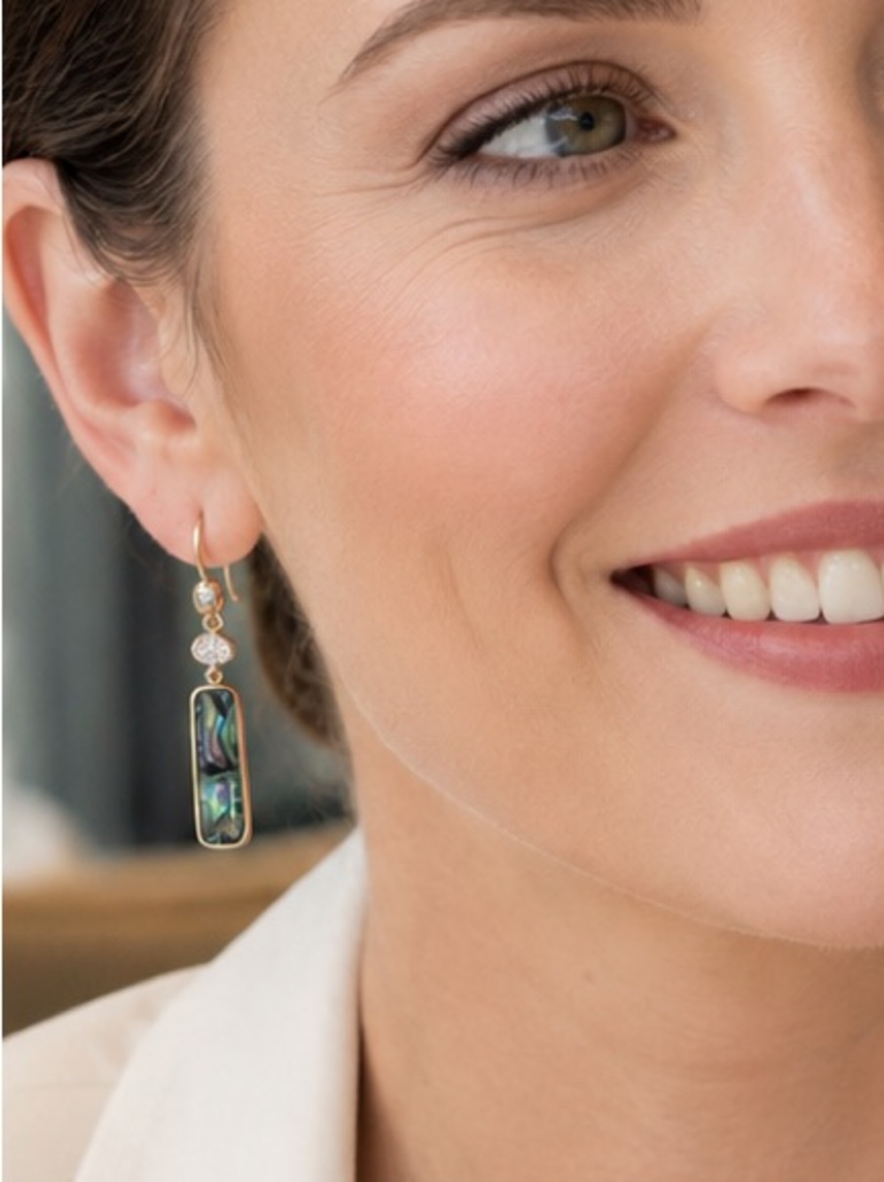 SOIREE 925 CN Sterling Silver Abalone Shell Dangle Earrings CZ Accent Bar Drop